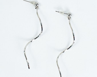 Twisted Wave Bar Drop Earrings | Rhodium-Plated | Ball Stud | Minimalist Gift for Her