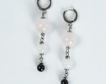 Rose Quartz Earrings | Moonstone Spinel Drop | Rhodium-Plated | Boho Gift for Her