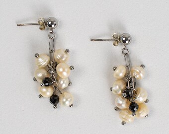 Pearl Drop Earrings | Freshwater Pearl & Black Spinel | Rhodium-Plated | Bridal Gift
