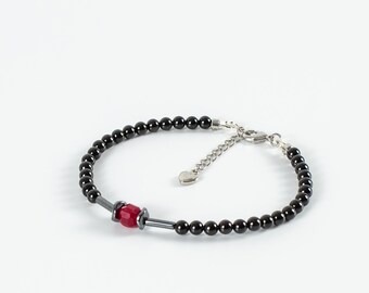 Black Spinel Bracelet | Red Chalcedony Hematite | Rhodium-Plated | Gothic Statement Mens Gift