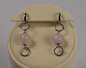 Rose Quartz Earrings | 12mm Sphere Drop | Rhodium-Plated | Romantic Gift for Her