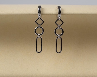 Geometric Drop Earrings | Huggie Hoop | Rhodium-Plated | Minimalist Gift for Her