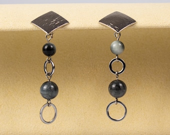 Cat Eye Earrings | Natural Stone Drop | Rhodium-Plated | 2nd Anniversary Gift