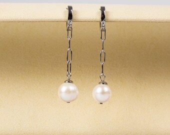 Pearl Earrings – Freshwater Pearl Drop | Rhodium-Plated Paperclip Chain | Gift for Her
