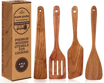 Teak Wood Cooking Utensil Set: Spatulas, Scraper & Paddle
