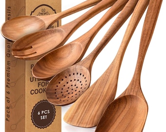 6 Piece Teak Wood Utensil Set, Natural Cooking Spoons & Spatulas for Nonstick Cookware
