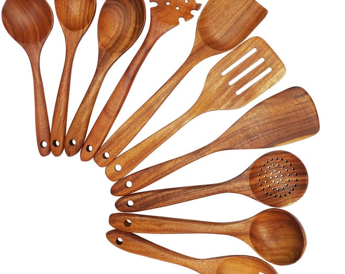 Teak Wood Cooking Utensils Set: 10-Piece Spatulas & Spoons