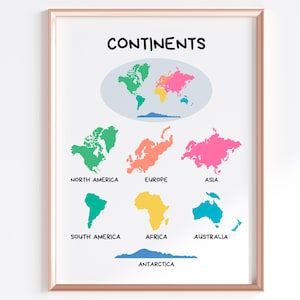 Impressão de continentes do mundo, impressão educacional, impressão para educação domiciliar, recursos de aprendizagem, arte de parede para sala de aula, download de mapa-múndi · arquivo digital