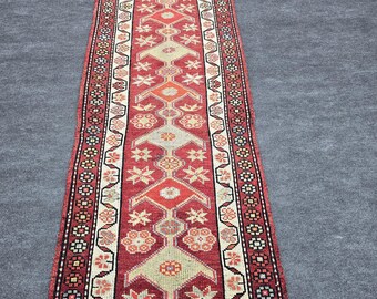 2x10 Ft Vintage Turkish Runner Rug, Red Ivory Burnt Orange, Anatolian Tribal Geometric Medallion, Hallway Long Runner, Kitchen Entryway Carp