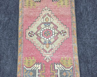 2x3 Ft Anatolian Turkish Area Rug, Vintage Hand Knotted Wool Rug, Blue Pink Antique Handmade Carpet, Entryway Accent Rug