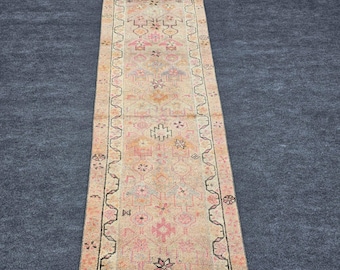 Vintage Turkish Runner Rug Handwoven Wool Hallway Rug with Soft Pastel Tones and Delicate Floral Tribal Motifs 2'7" x 11'