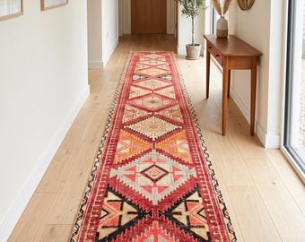 2x13 Ft Herki Runner Rug, Antique Long Turkish Narrow Rug, Red Pink Cream Orange Black Tribal Geometric, Hallway Kitchen Entryway Carpet