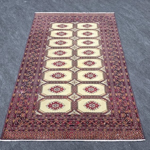 4x6 Pastel Red Gray Antique Area Rug, 4&#39;3&quot; x 6&#39; Handwoven Vintage Oriental Rug, Handmade Wool Traditional Vibrant Small Rug for Bedroom