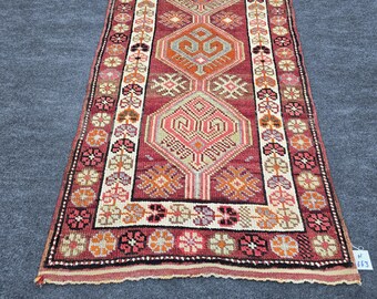 2x13 Ft Herki Runner Rug, Hand Knotted Wool Carpet, Deep Red Orange Pink Ivory Tribal Geometric Design, Long Hallway Entryway Kitchen Runner