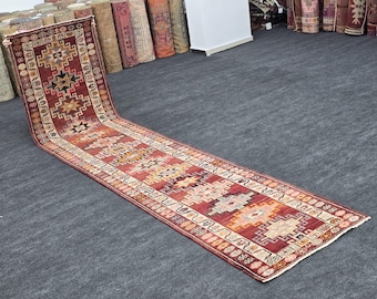 Vintage Turkish Runner Rug 1960s Handwoven Wool Cotton Long Hallway Rug Geometric Tribal Carpet Boho Anatolian Narrow Area Rug
