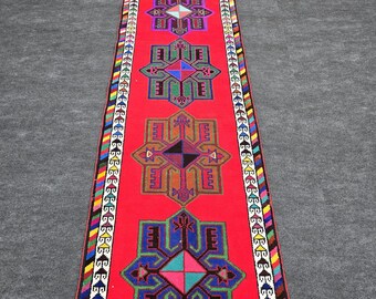 3x12 Ft Anatolian Tribal Runner Rug, Vintage Hand Knotted Wool Rug, Red Geometric Tribal Carpet, Laundry Room Rug Runner