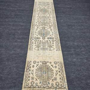 3x14 Ft Turkish Runner Rug, Extra Long, Narrow, Antique, Neutral Beige, Cream, Walnut Brown, Muted Blue Sage, Tribal Medallion, Hallway Gall