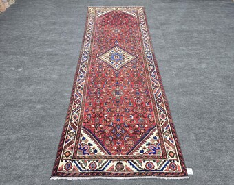 4x10 Ft Vintage Turkish Runner Rug, Red Blue Cream Geometric Tribal Pattern, Handmade Wool Long Hallway Carpet, Kitchen Entryway Decor