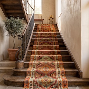 3x22 Ft Vintage Turkish Runner Rug, Handknotted Wool Cotton, Red Pink Orange Geometric Tribal Pattern, Extra Long Stairway Hallway Entryway
