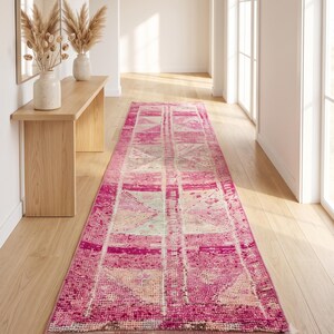 2x11 Ft Herki Turkish Runner Rug, Pink Ivory Geometric Tribal Vintage Handwoven Wool Rug, Kitchen Hallway Long Stair Entryway Carpet for Boh