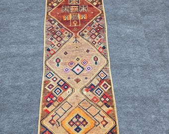 2x8 Ft Turkish Herki Vintage Runner Rug, Deep Burgundy Orange Tan Cream Navy, Geometric Tribal Boho Style, Hallway Kitchen Entryway Carpet,