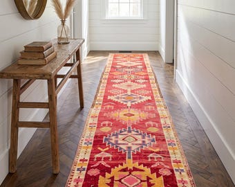 2x12 Ft Vintage Turkish Runner Rug, Antique Long Narrow Hallway Kitchen Entryway Runner, Red Yellow Orange Geometric Tribal Wool Carpet