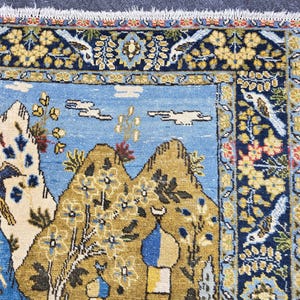 4x5 Ft Oushak Turkish Area Rug, Blue Brown Cream Yellow, Vintage Handwoven Wool, Nature Animal Landscape Motif, Traditional Living Room Bedr image 10