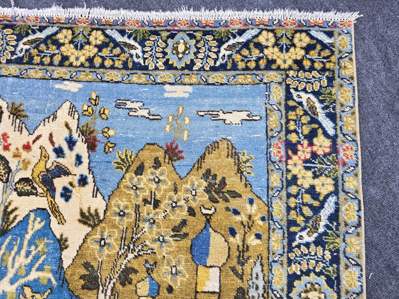 4x5 Ft Oushak Turkish Area Rug, Blue Brown Cream Yellow, Vintage Handwoven Wool, Nature Animal Landscape Motif, Traditional Living Room Bedr image 10