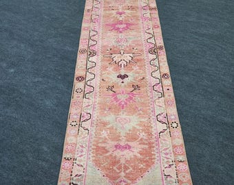 3x12 Ft Vintage Herki Runner Rug, Handwoven Turkish Wool, Soft Pink Blush Cream Tones, Geometric Tribal Area Carpet, Long Hallway Entryway R