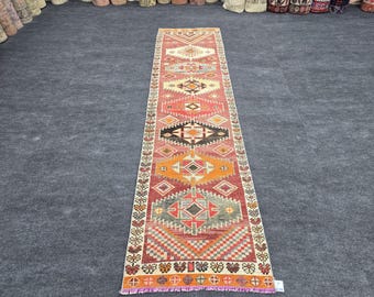 2x9 Ft Anatolian Turkish Runner Rug, Vintage Handwoven Wool Rug, Red Orange Antique Handmade Carpet, Narrow Hallway Runner