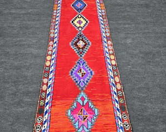 3x11 Ft Vintage Turkish Runner Rug, Hand Knotted Wool Red Orange Blue Purple Colorful Tribal Anatolian Gallery Hallway Kitchen Entryway Rug
