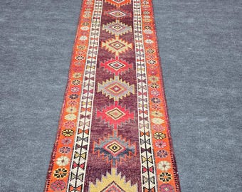 3x12 Ft Anatolian Tribal Runner Rug, Vintage Hand Knotted Wool Rug, Red Terracotta Traditional Vintage Rug, Stair Rug Runner