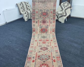 3x12 Ft Herki Runner Rug, Muted Pastel Pink Cream Faded Accents Tribal Geometric Wool Rug, Vintage Handmade Turkish Anatolian Bohemian Hallw