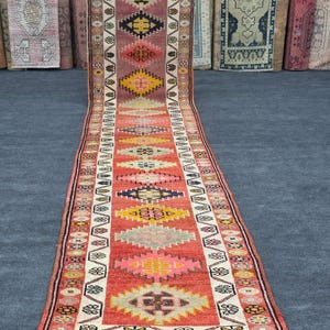 Vintage Herki Runner Rug Hand Knotted Wool 2.7x12.6 ft Tribal Pattern Turkish Hallway Carpet Bohemian Long Area Rug Home Deco