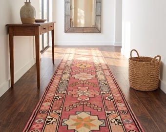 2x14 Ft Anatolian Runner Rug, Pink Terracotta Geometric Tribal Hallway Carpet, Hand Knotted Vintage Wool Gallery Runner, Long Entryway Decor