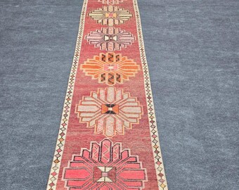 3x16 Ft Vintage Anatolian Runner Rug, Hand Knotted Wool Red Orange Geometric Tribal Pattern Carpet, Long Hallway Kitchen Entryway Stair Rug