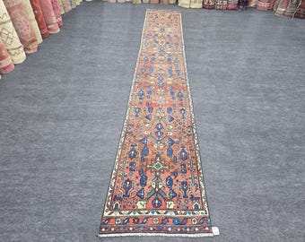 3x16 Ft Oushak Anatolian Runner Rug, Vintage Hand Knotted Organic Wool Rug, Red Blue Traditional Vintage Rug, Gallery Hallway Carpet