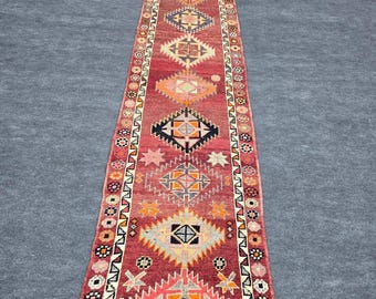 3x13 Ft Herki Runner Rug, Brick Red Ivory Orange Pink Black, Tribal Geometric Medallion, Hand Knotted Wool, Vintage Turkish Long Hallway Car