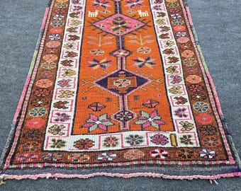 3x12 Ft Anatolian Tribal Runner Rug, Vintage Hand Knotted Wool Rug, Orange Pink Authentic Boho Decor, Laundry Room Rug Runner
