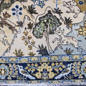 4x5 Ft Oushak Turkish Area Rug, Blue Brown Cream Yellow, Vintage Handwoven Wool, Nature Animal Landscape Motif, Traditional Living Room Bedr image 8