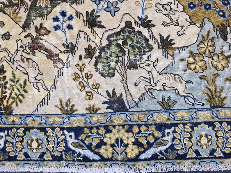 4x5 Ft Oushak Turkish Area Rug, Blue Brown Cream Yellow, Vintage Handwoven Wool, Nature Animal Landscape Motif, Traditional Living Room Bedr image 8