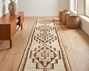 2x10 Ft Turkish Kilim Runner, Beige Brown Geometric Tribal Long Skinny Antique Wool Vintage Handmade Boho Farmhouse Entryway Kitchen Hallway