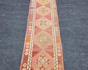 3x12 Ft Herki Tribal Runner Rug, Pink Beige Geometric Anatolian Wool Carpet, Vintage Handwoven Long Hallway Rug, Kitchen Stairway Runner