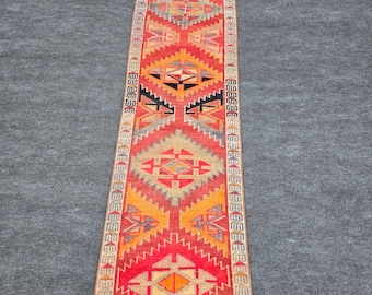 2x10 Ft Herki Runner Rug, Turkish Vintage Antique Long Narrow Red Orange Cream Gray Kilim, Tribal Geometric Hallway Kitchen Entryway Bedside