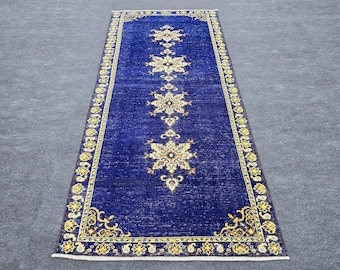 4 x 8 Ft Vintage türkischer Läufer Teppich, Marineblau Gold Handgewebte Wolle Orientalischen Bereich Teppich, Boho Chic Traditionelle Küche Flur Eingangsbereich Dekor
