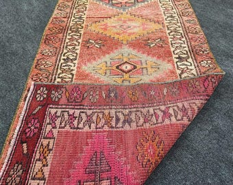 Vintage Red Turkish Rug Runner Handmade Wool Carpet for Entryway Runner Rug 2'4"x9'5" FT Antique Rug for Oriental Style Red Runner Rug