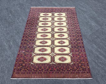 Orientalischer Teppich, 120 x 180 cm, Vintage-Handgewebter Wollteppich, Rot-Grauer geometrischer Stammes-Teppich, Teppich in gedeckten Farben