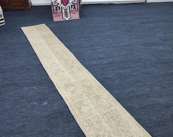 2x10 Ft Vintage Turkish Oushak Runner, Hand Knotted Wool Rug, Beige Cream Soft Brown Neutral Geometric Tribal Anatolian Hallway Long Runner