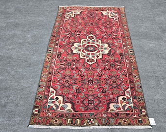 3x5 Ft Vintage Turkish Runner Rug, Vibrant Red Beige, Geometric Tribal Pattern, Handmade Anatolian Wool Rug, Kitchen Entryway Hallway Living