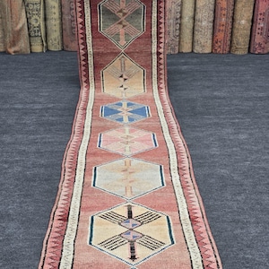 Vintage Herki Runner Rug Hand Knotted Wool Tribal Narrow Carpet Pink Blue Geometric Arrows Long Hallway Boho Decor 1.10x12.10 ft